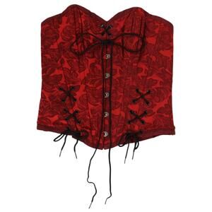 Red Brocade Floral Corset Top Lace-Up Bustier Medium Gothic Victorian Style